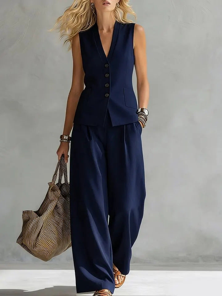 Women's Solid Linen Sleeveless Tank Top & Full-Length Pants Set