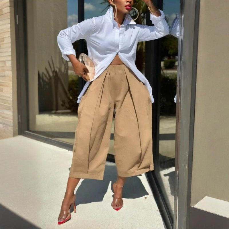 Women's Solid Color Cotton Wide Leg Cropped Pant