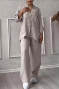 Wide-Leg Pants & Lace-Up Top Two-Piece Set – Solid Color, 12 Colors S–5XL