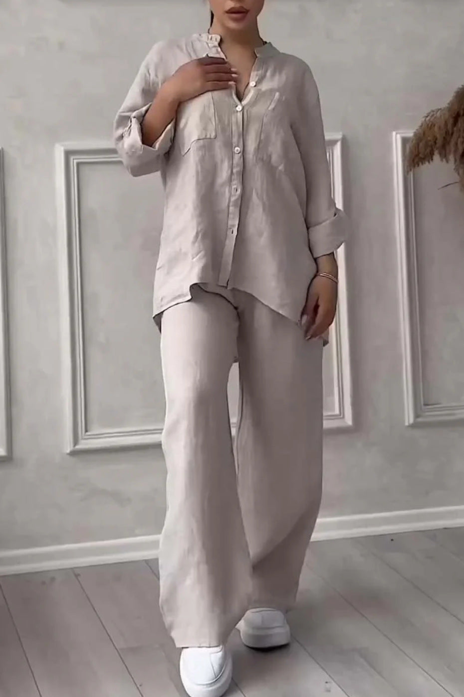 Wide-Leg Pants & Lace-Up Top Two-Piece Set – Solid Color, 12 Colors S–5XL