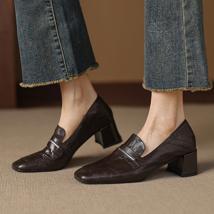 Women’s Sheepskin Square Toe Chunky Heel Pumps