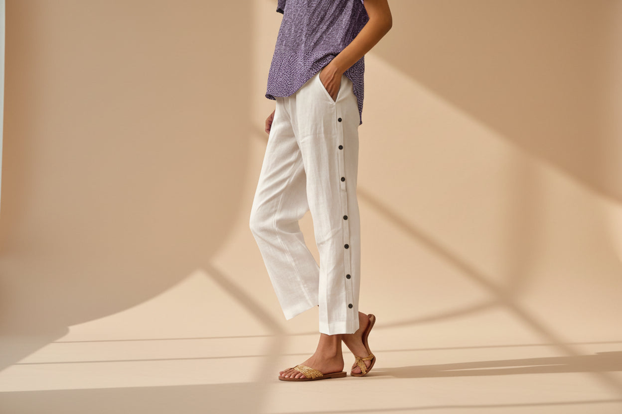 Cropped Pants With Decorative Buttons Along the Side Seams