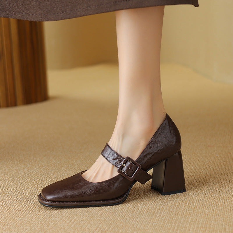 Women's Sheepskin Mary Jane Heels – Square Toe Chunky Heel Buckle Pumps