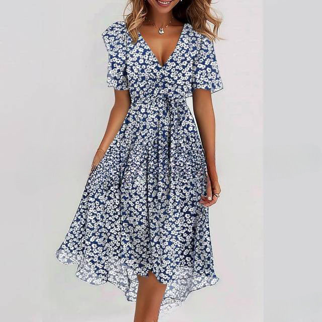 Floral Print A-Line Dress – V-Neck Short Sleeve Midi Dress