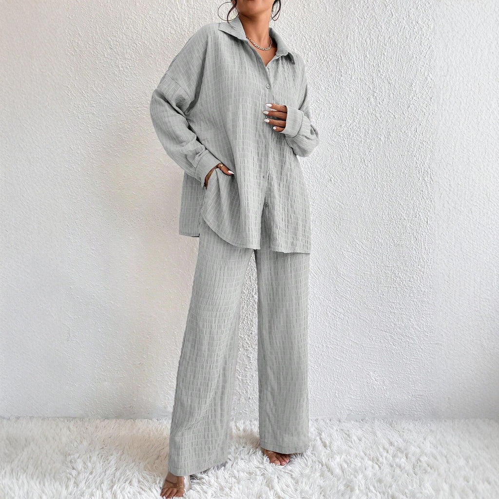 Women's Pleated Long Sleeve Lapel Two-Piece Set – Loose Top & Pants