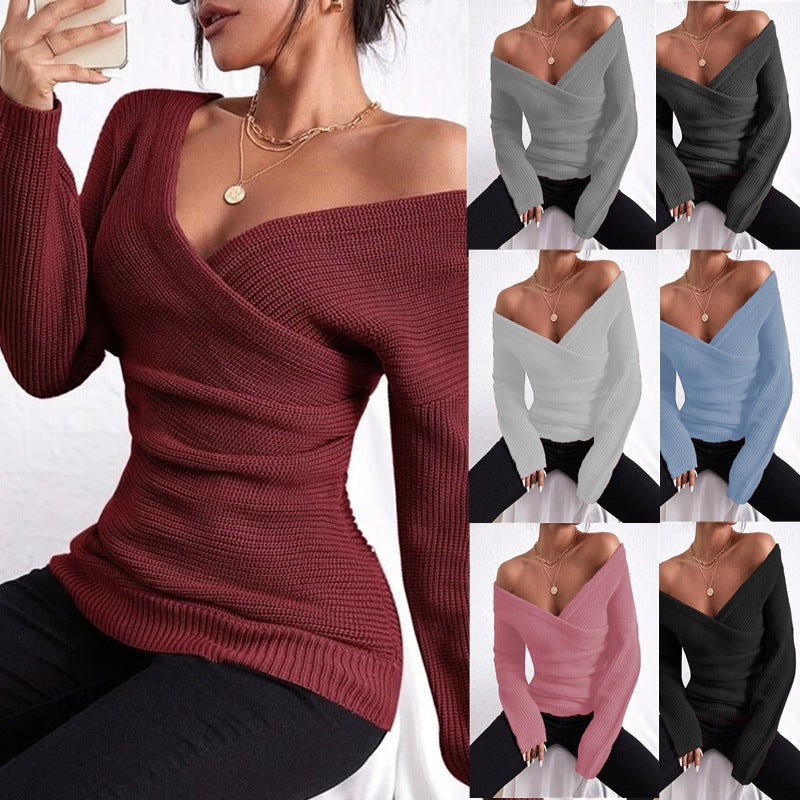 Women's Off-Shoulder Crossover Knit Sweater – Slim Fit Long Sleeve
