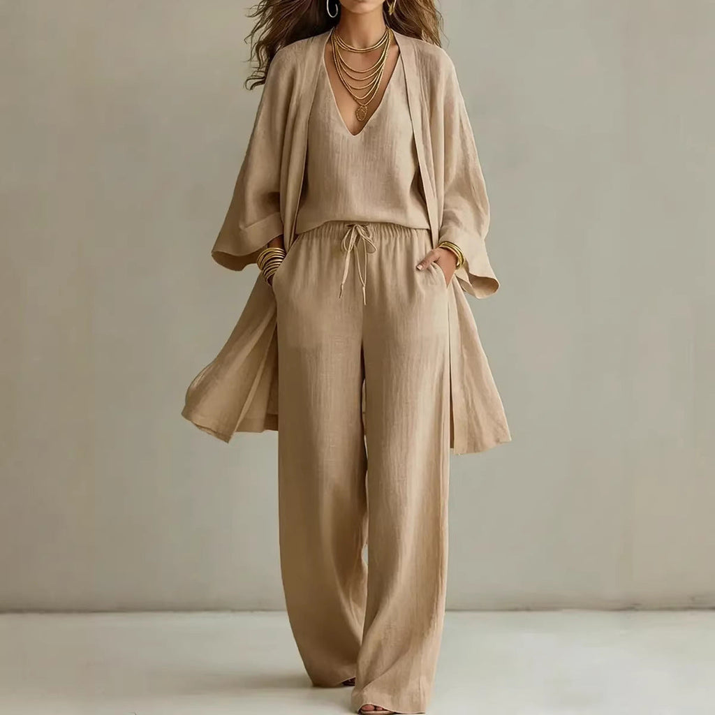 Women's V-Neck Cardigan Coat, Pocket Vest & Long Pants Three-Piece Set