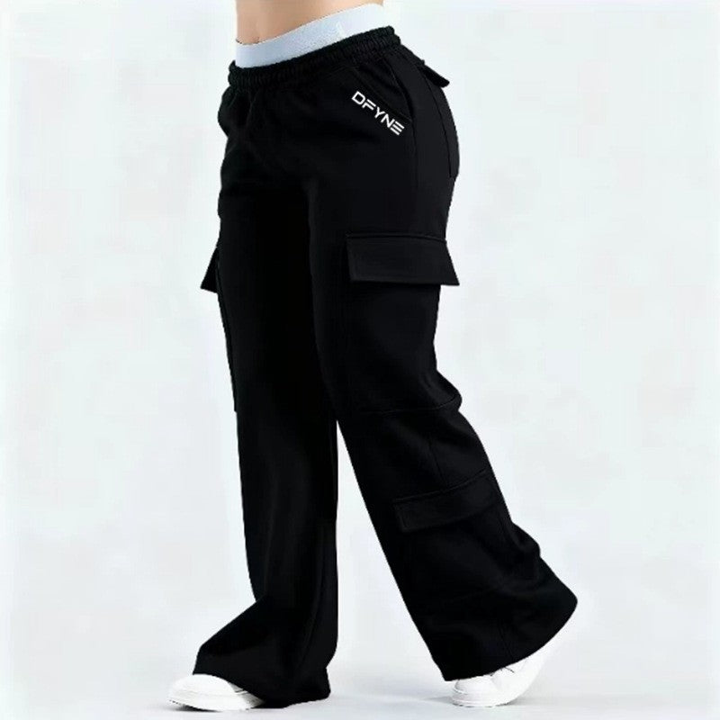 Women's Loose-Fit Casual Pants with Pockets – Solid Color Two-Tone Label