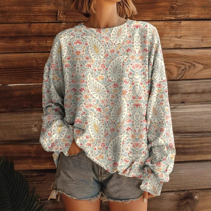 Women’s Printed Crew-Neck Sweatshirt – Long Sleeve Casual Top