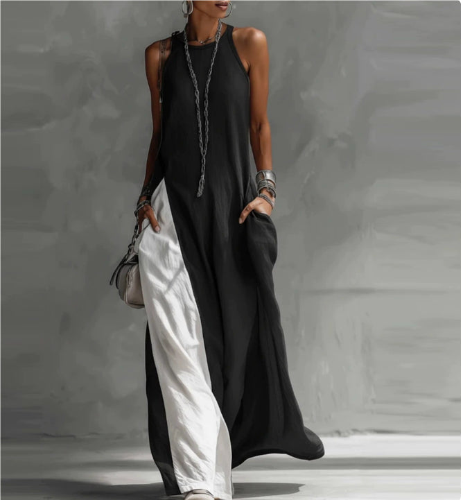 Off-Shoulder Color-Block Flared Maxi Dress with Pockets | 5 Colors