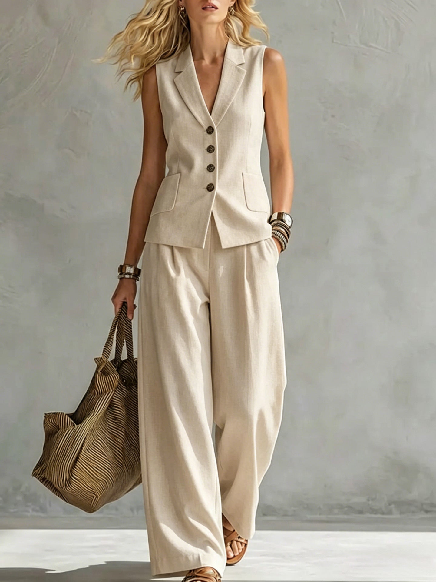 Women's Solid Linen Sleeveless Tank Top & Full-Length Pants Set