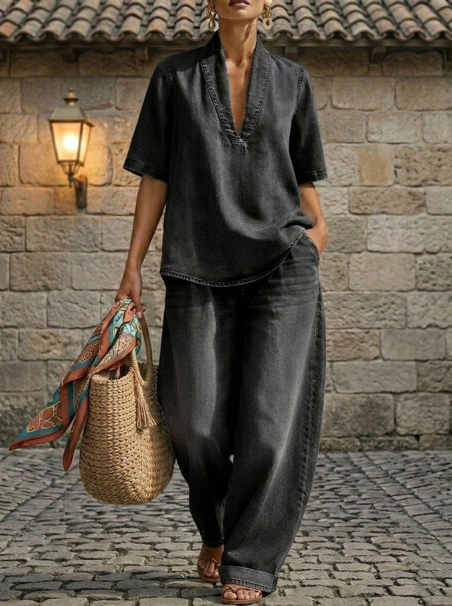 Retro V-Neck Washed Denim Top & Wide-Leg Pants Set – 3 Colors, S–3XL