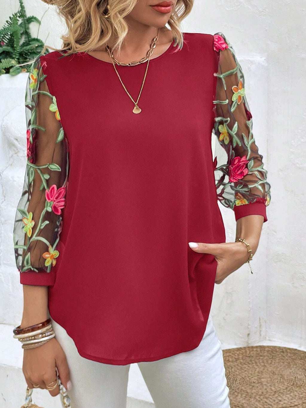 Women's Mesh Patchwork Three-Quarter Sleeve Top – Casual Chic