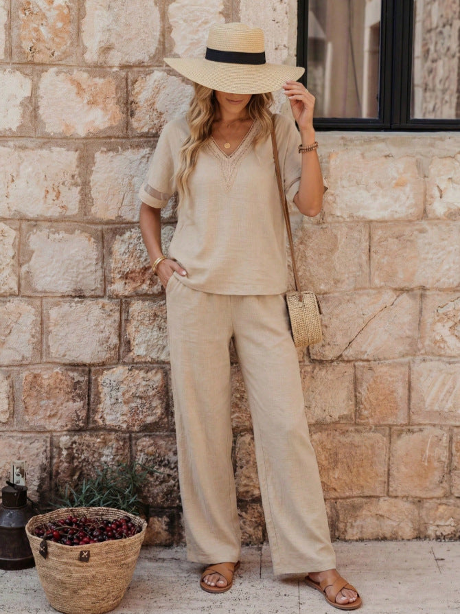 Women's Embroidered V-Neck Top & Wide-Leg Pants Set – 5 Colors S–XXL