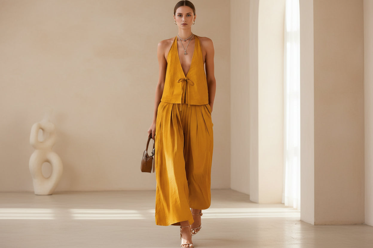 Women's Sleeveless Vest & Wide-Leg Pants Set – 2-Piece Lace-Up Outfit