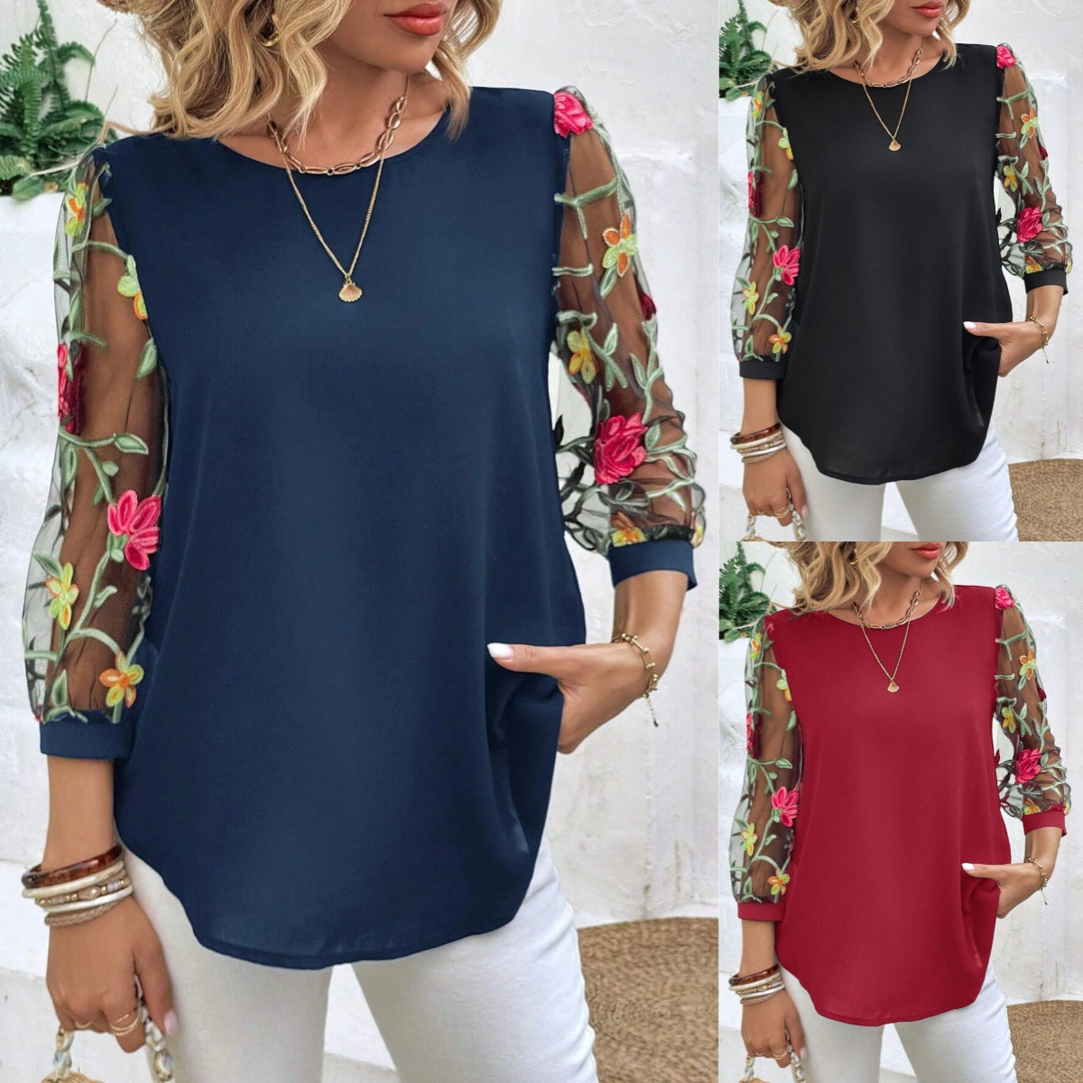 Women's Mesh Patchwork Three-Quarter Sleeve Top – Casual Chic