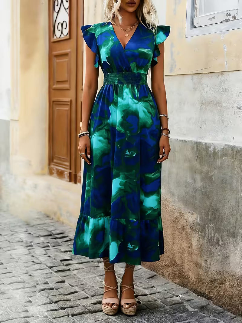 Women's V-Neck Floral Print A-Line Midi Dress – High Waist Sleeveless