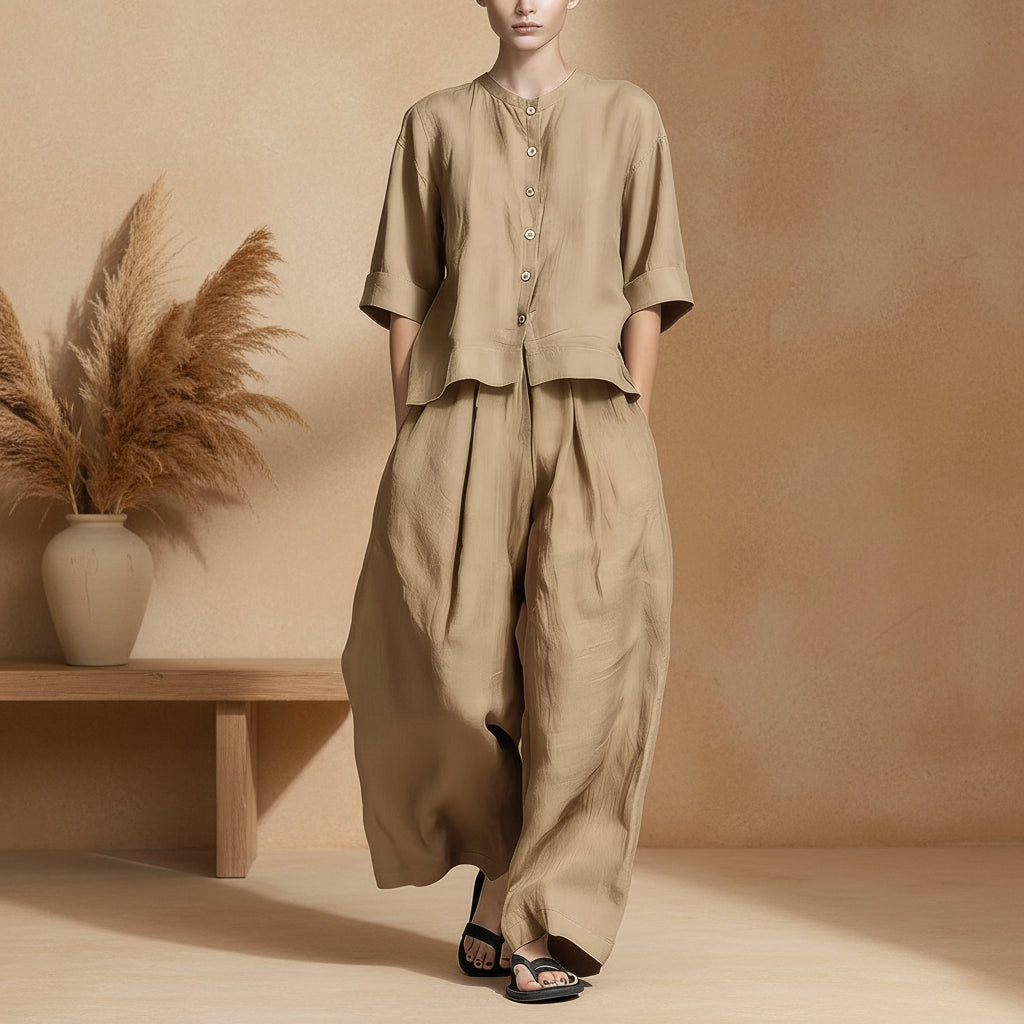 Three-Quarter Sleeve Shirt & Loose Trousers Two-Piece Set