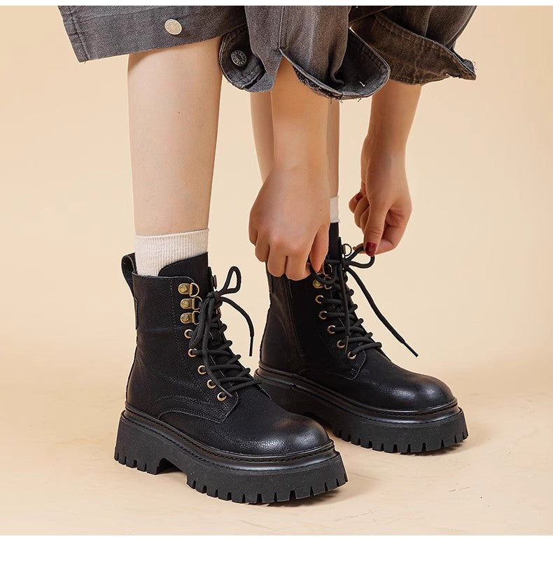Women's Retro Chunky Heel Mid-Calf Martin Boots – Side Zipper