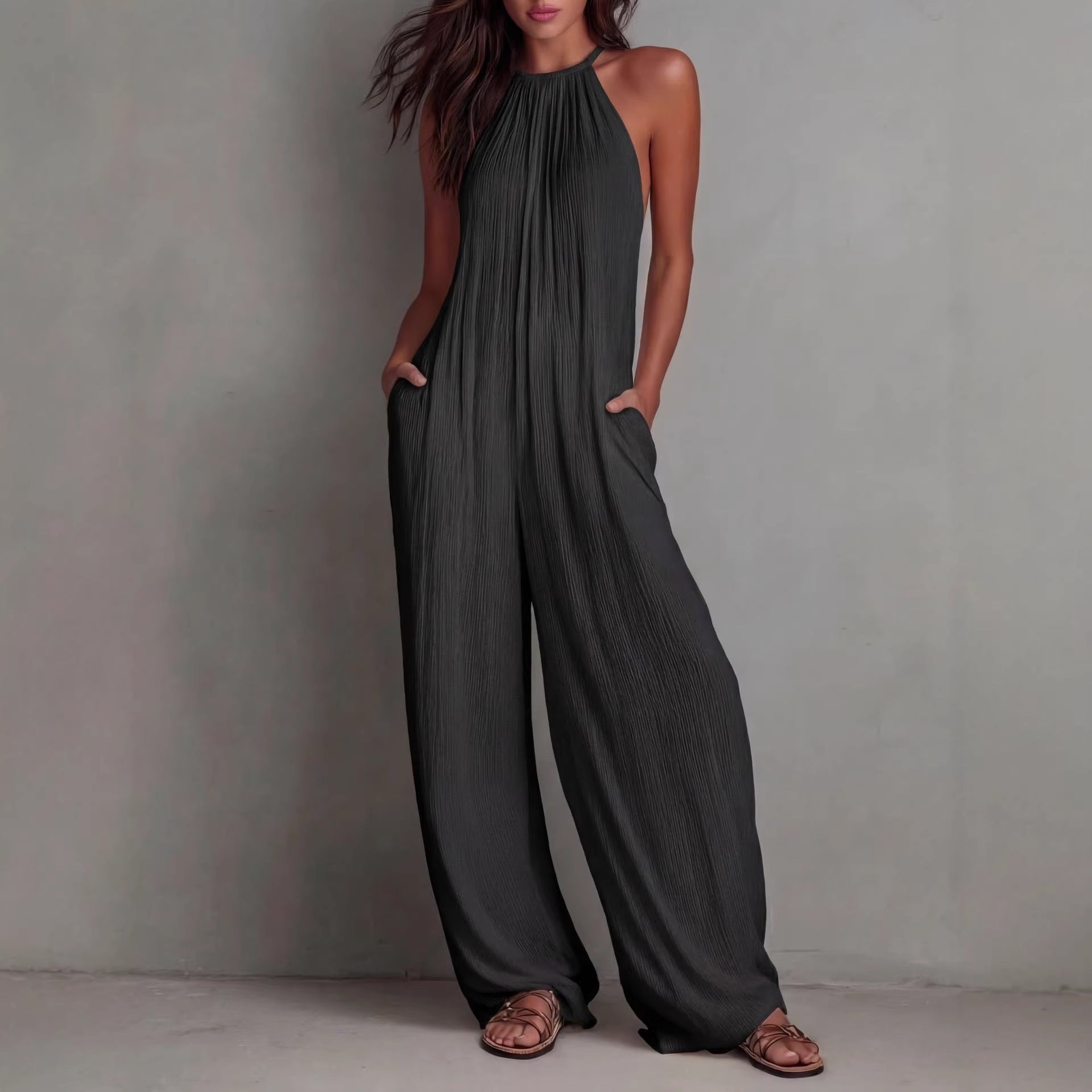 Women's Sleeveless Open-Back Wide-Leg Pleated Jumpsuit