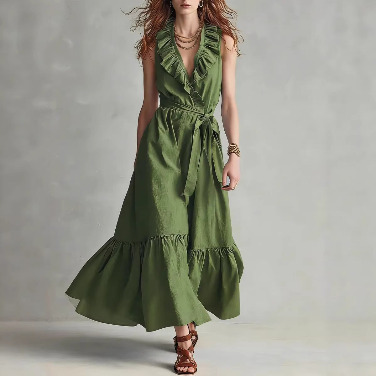 Women's V-Neck Sleeveless Lace-Up Panelled Maxi Dress – Wide Flare