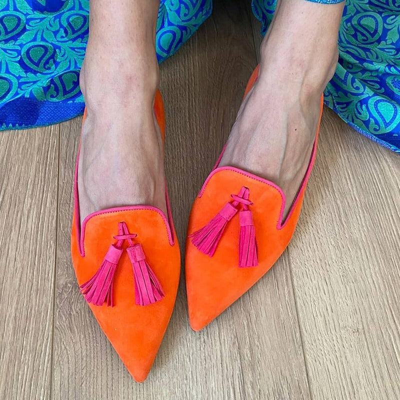 Women's Suede Pointed Toe Tassel Flats – Shallow Mouth Low Heel Casual Shoes