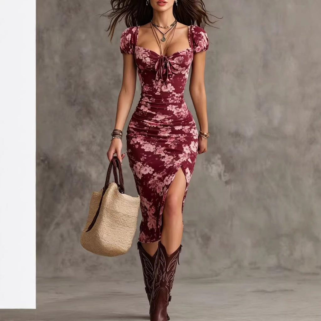 Women's Vintage Puff-Sleeve High-Waist Split Maxi Dress