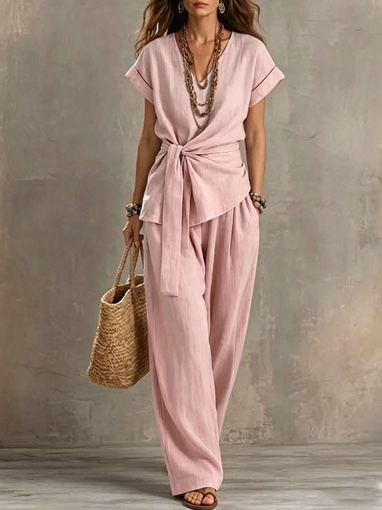 Women's V-Neck Short-Sleeve Top & Pants Two-Piece Set
