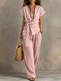 Women's V-Neck Short-Sleeve Top & Pants Two-Piece Set