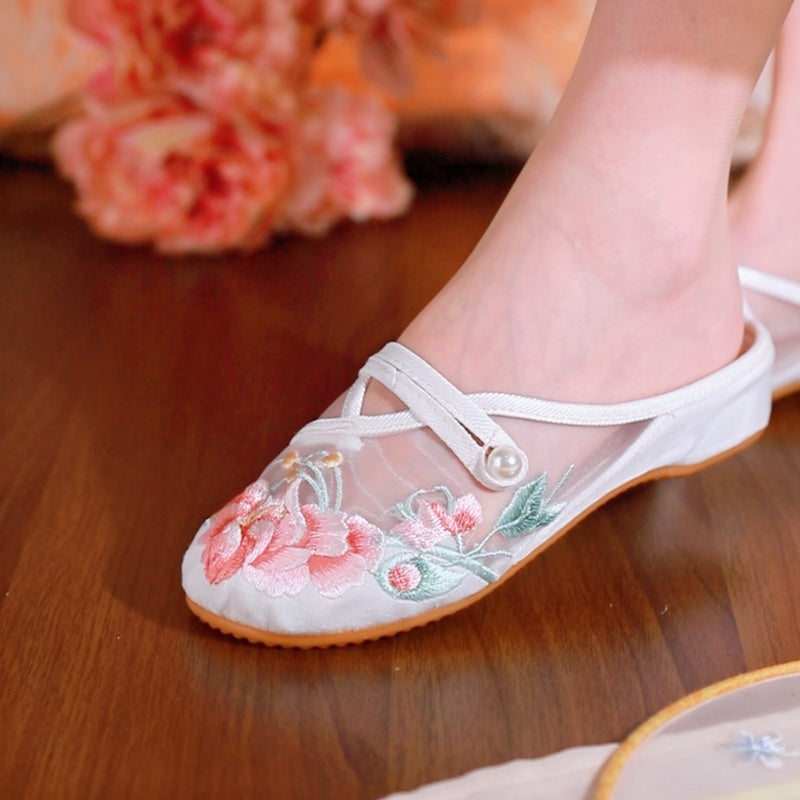 Women's Floral Embroidered Mesh Shoes – Breathable Hollow-Out Retro Flats