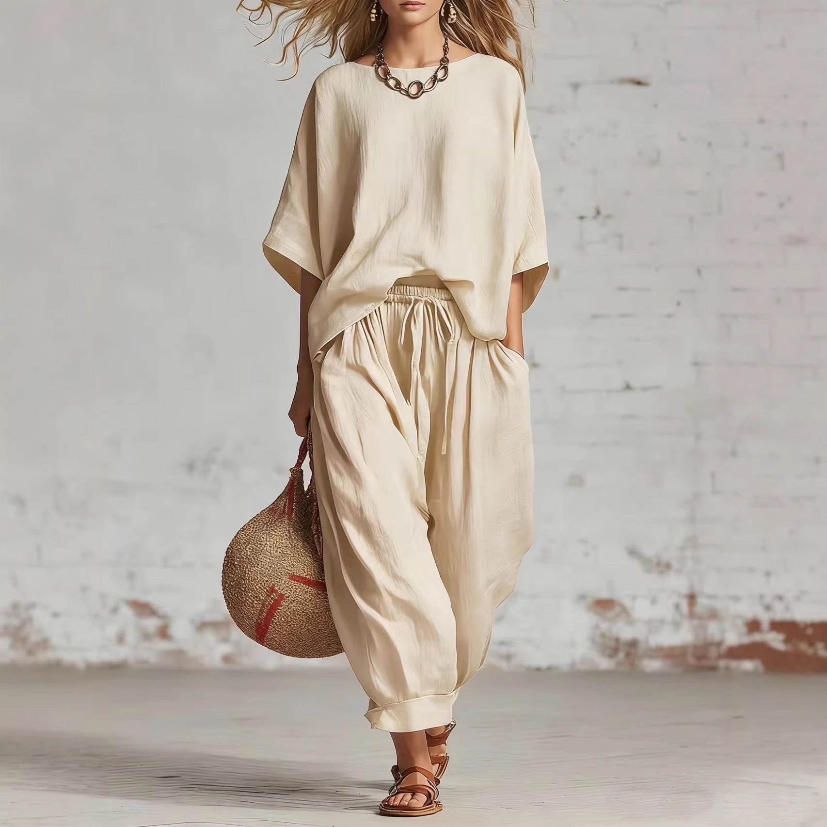 Women's Solid Color Loose Casual Set – T-Shirt & Ankle Pants