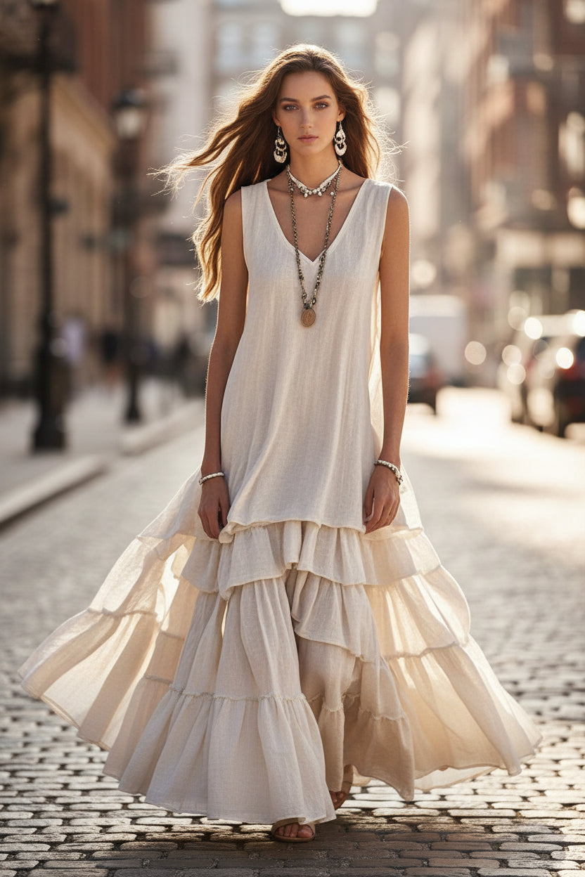 Loose Umbrella Skirt Sleeveless Maxi Dress | Cotton-Linen Style