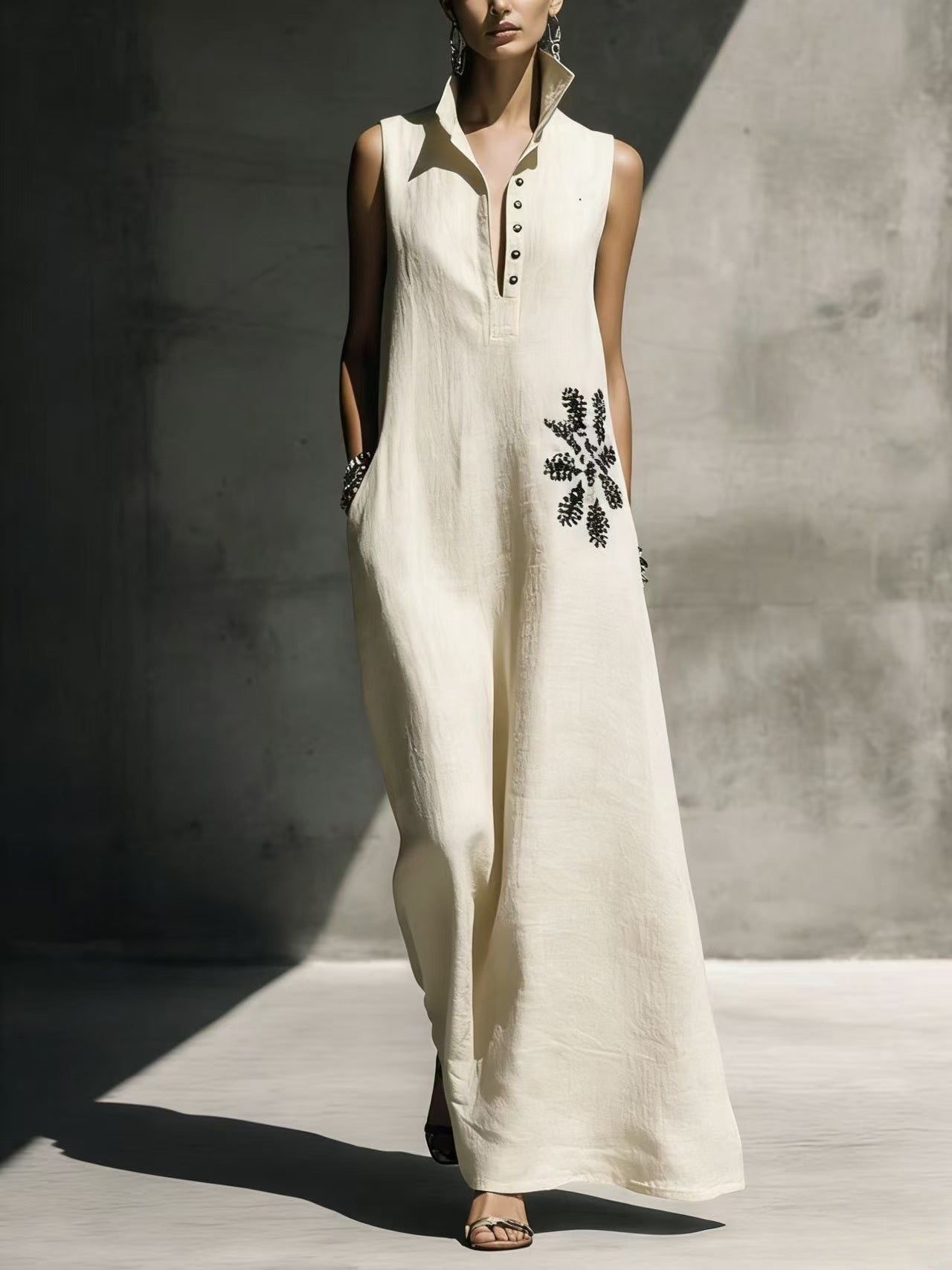 Women's Cotton Linen Mandarin Collar Maxi Dress – Graphic Print with Pockets