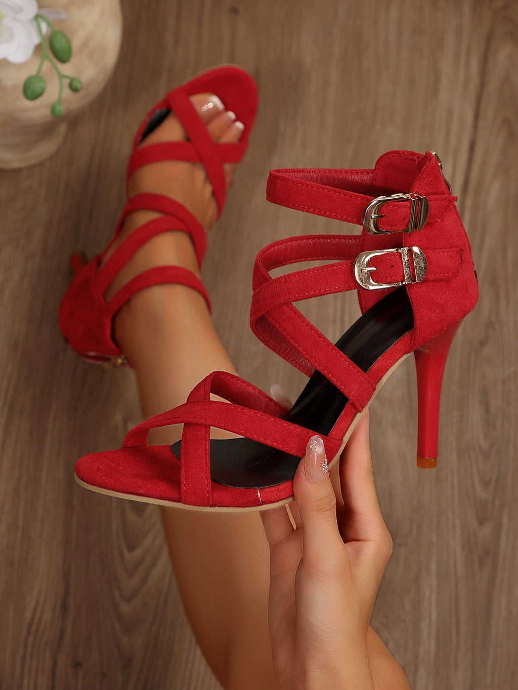 Women's Suede Stiletto Sandals | Pointed-Toe Ankle Strap Hollow-Out Heels in Red | Summer 2026