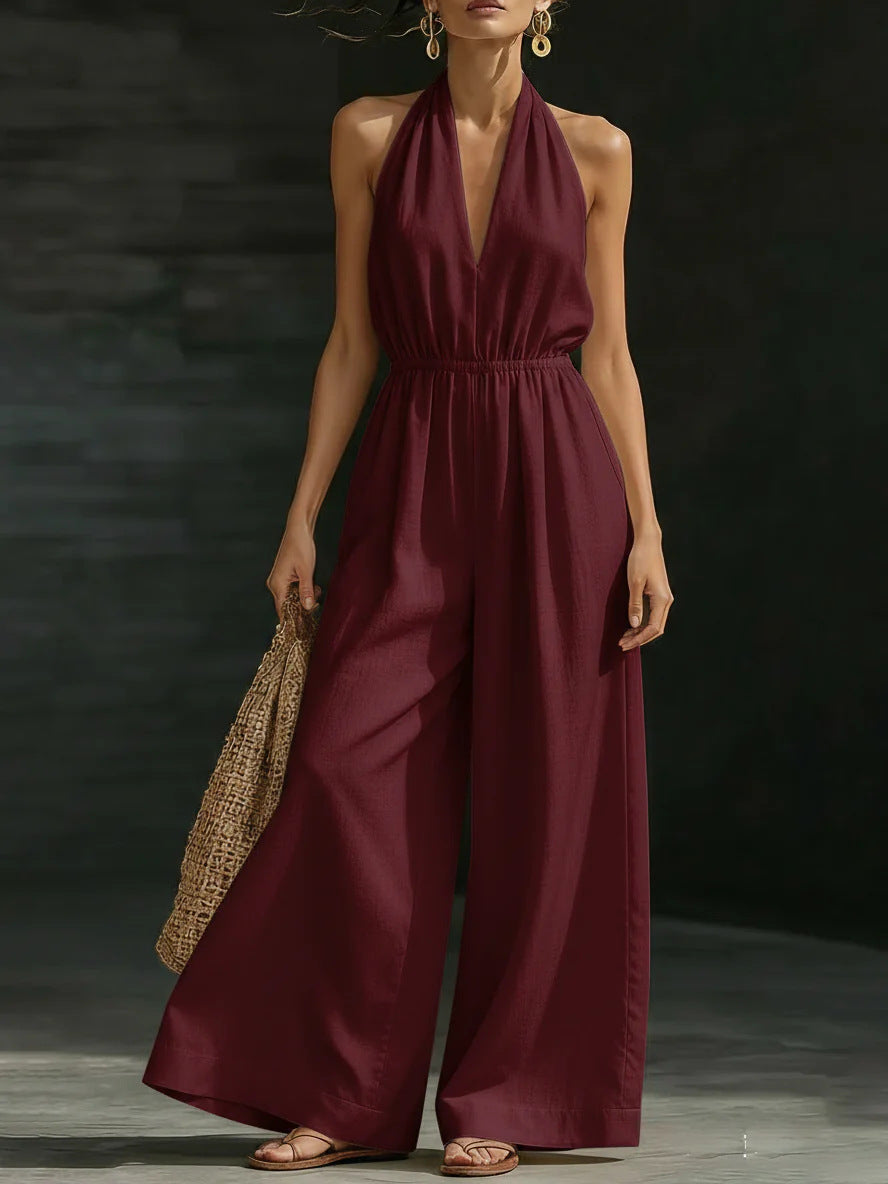 Women’s V-Neck Halter Neck Wide-Leg Jumpsuit