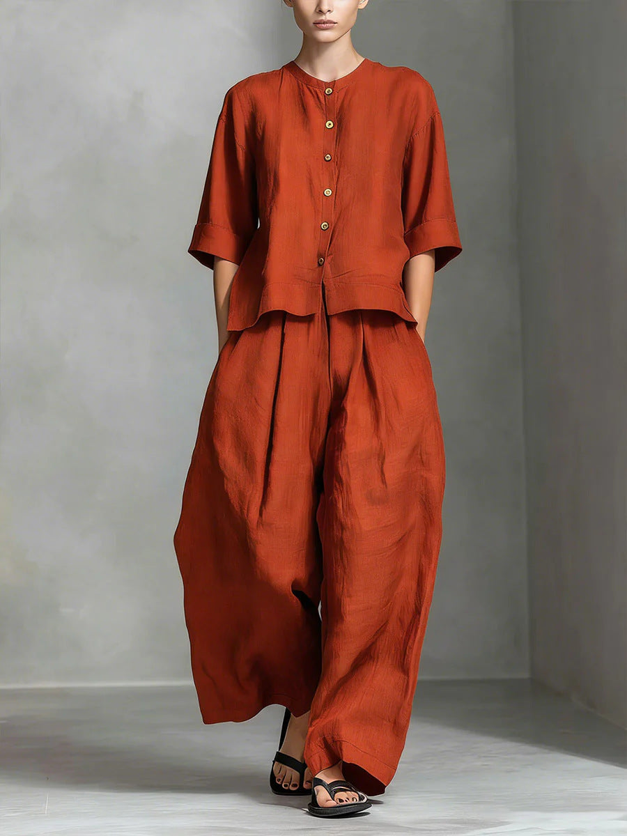Three-Quarter Sleeve Shirt & Loose Trousers Two-Piece Set