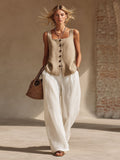 Women's Front-Button Cardigan Sleeveless Top & Long Pants Set