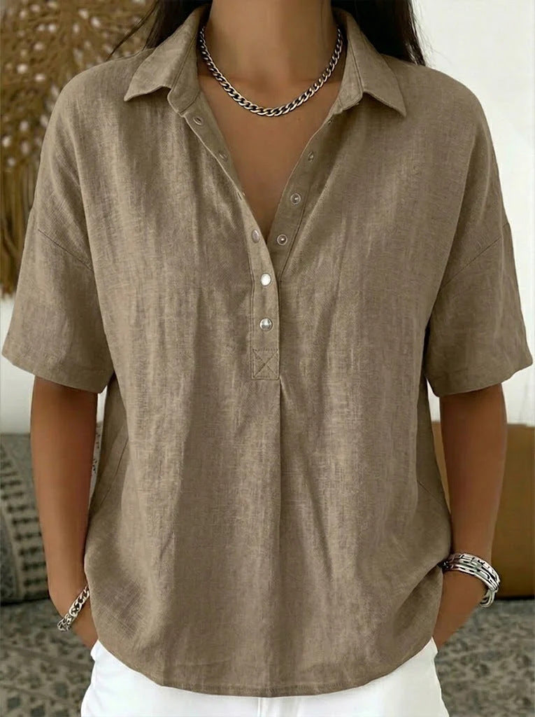 Short Sleeve Button Pullover Shirt – Solid Color Women’s Top