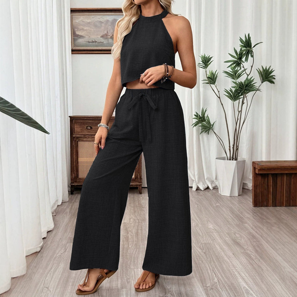 Women's Halter Neck Cropped Top & Wide-Leg Pants Two-Piece Set