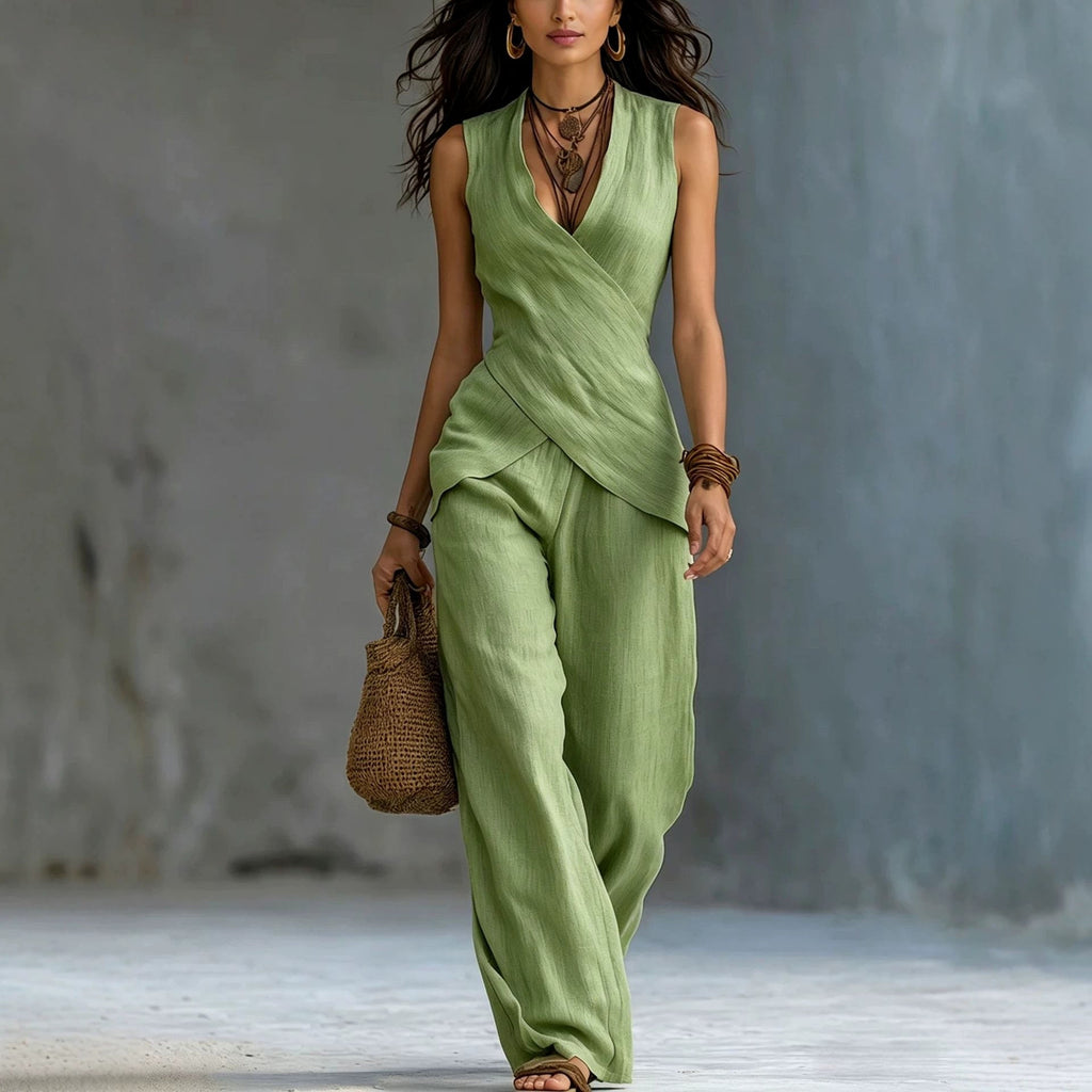 Women's V-Neck Crossover Tank Top & Casual Trousers Two-Piece Set