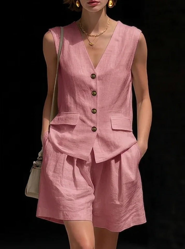 Women’s Cotton Linen Sleeveless Vest Top and Shorts Set