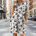 Floral Print Loose Pocket Dress | Round Neck Short Sleeve