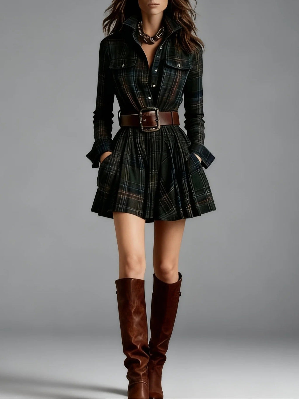 Women's Elegant Plaid Long Sleeve Mini Dress | Belted