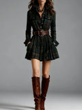Women's Elegant Plaid Long Sleeve Mini Dress | Belted