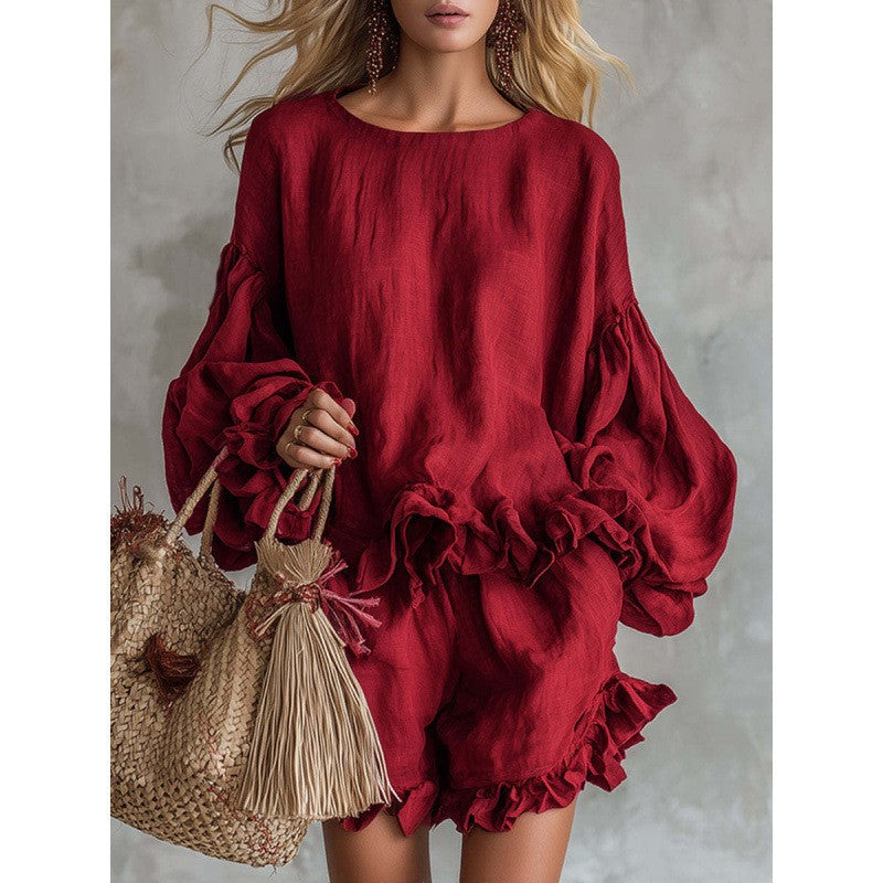 Women's Lantern Sleeve Top & Shorts Two-Piece Set – Loose Fit