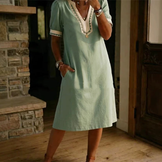 Color-Block Patchwork Lace Dress – Short Sleeve A-Line