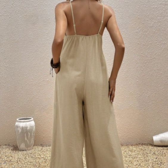 Women’s Casual Suspender Jumpsuit – V-Neck Solid Color Sleeveless One-Piece