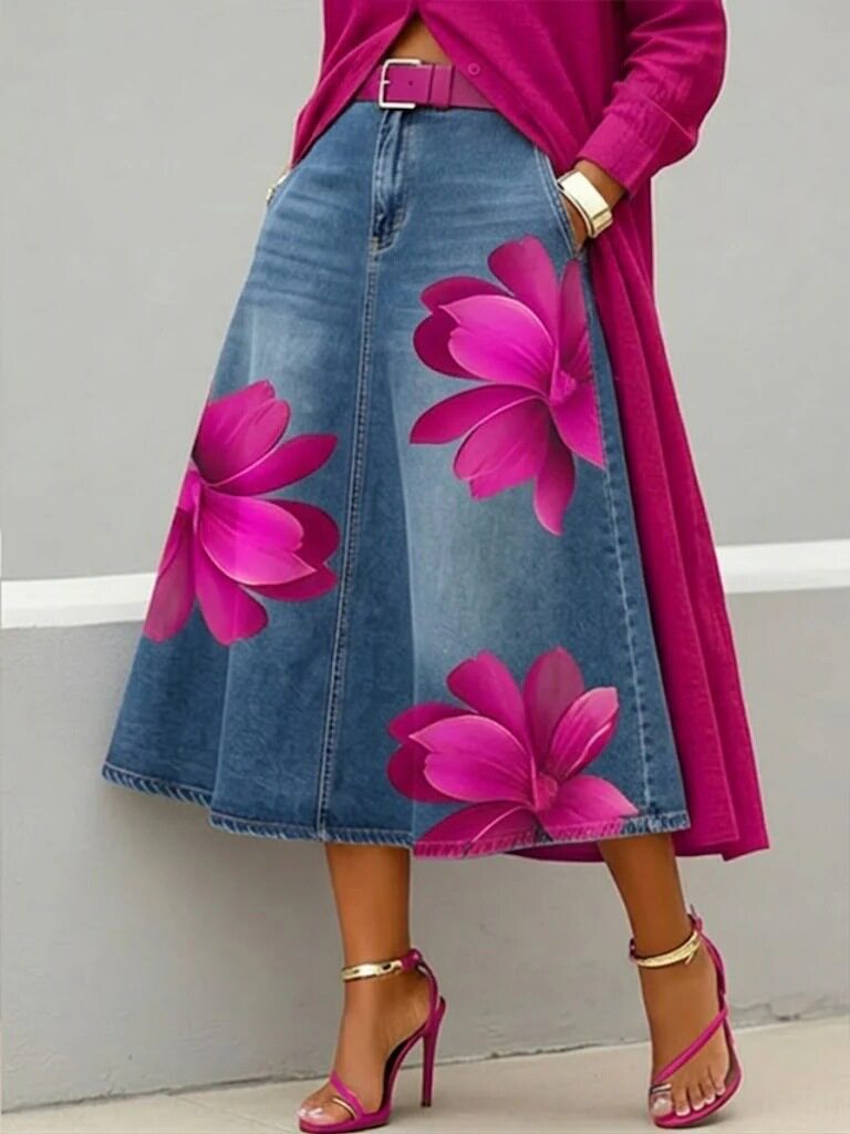 Women's Floral Print A-Line Midi Skirt – Denim-Style Boho Skirt
