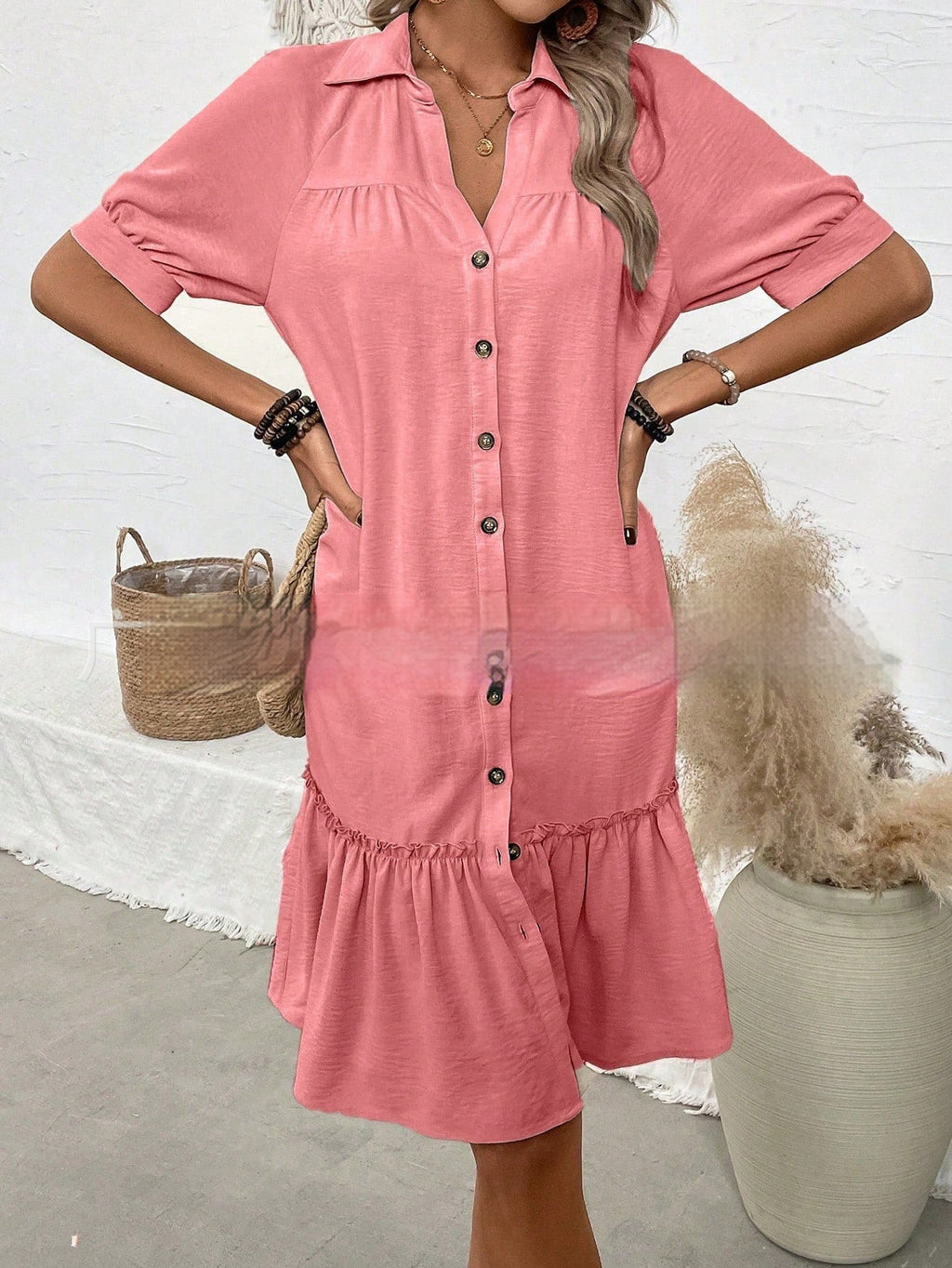 Women's Puff Sleeve Ruffled Hem Mini Dress – Solid Color