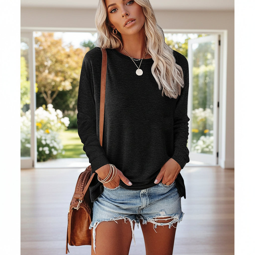 Women's Solid-Color Long-Sleeve Crew-Neck Pullover T-Shirt